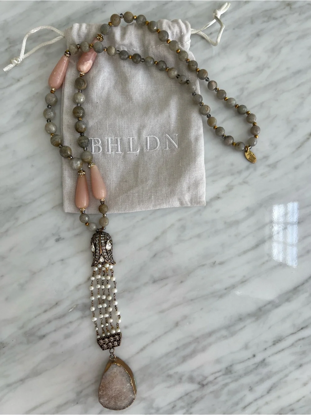 RARE ANTHROPOLOGIE BHLDN GRATZIA Pink & Gray Beaded Druzy Statement Necklace - Picture 3 of 8